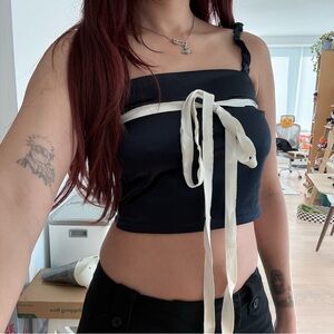 Women’s Navy Crop Tank with Cream Ribbon Detail